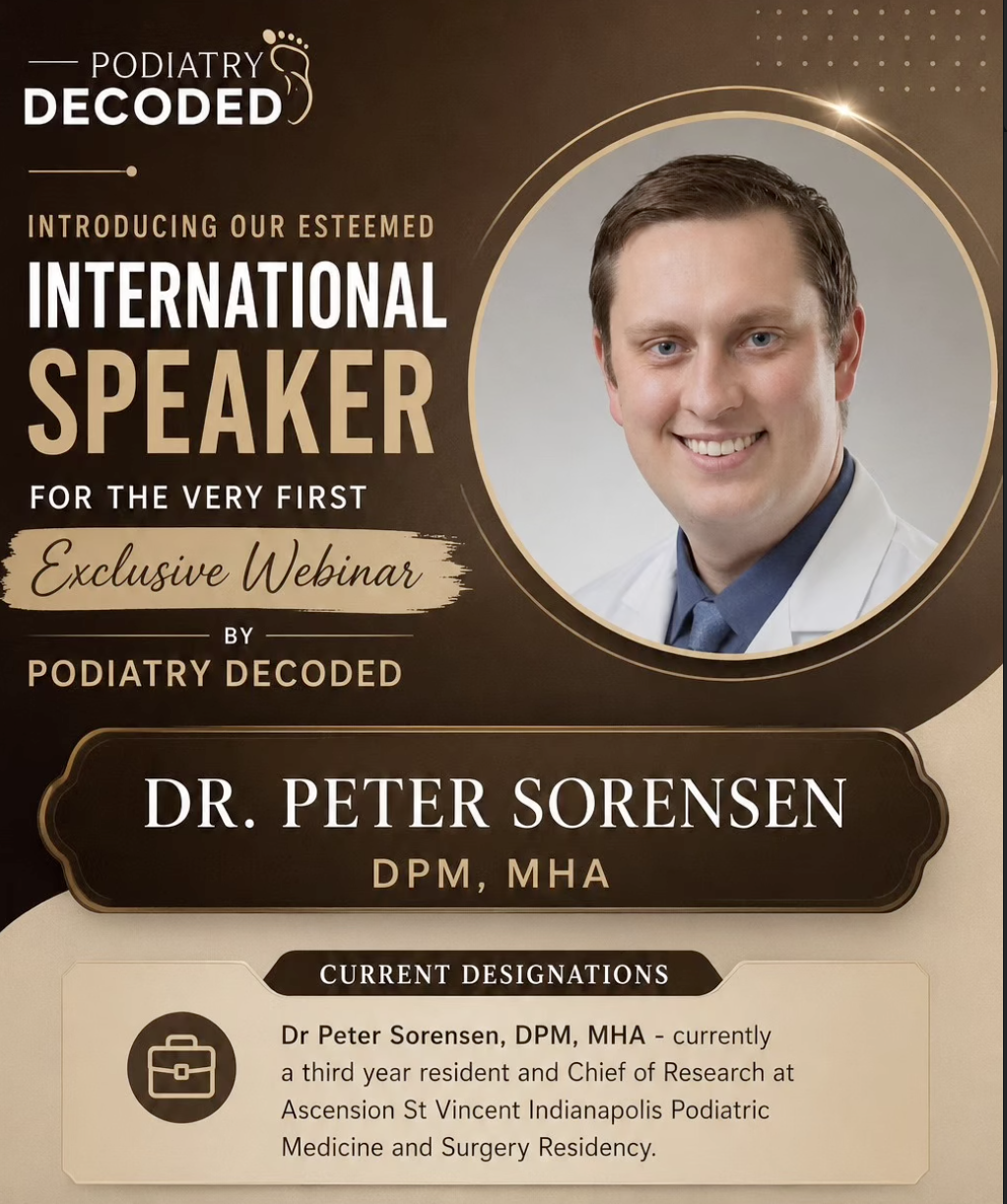 Podiatry Decoded graphic introducing Peter Sorensen as an international webinar speaker